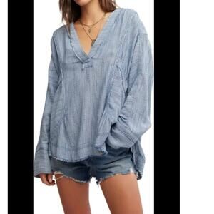Free People By the Shore Oversize Top Sm Boho indigo stripe coastal slouchy